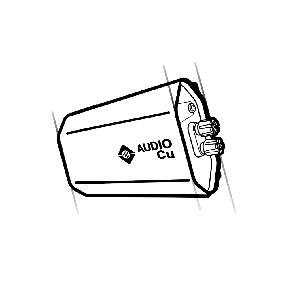 Line drawing of the AUDIO Cu receiver with speaker terminals