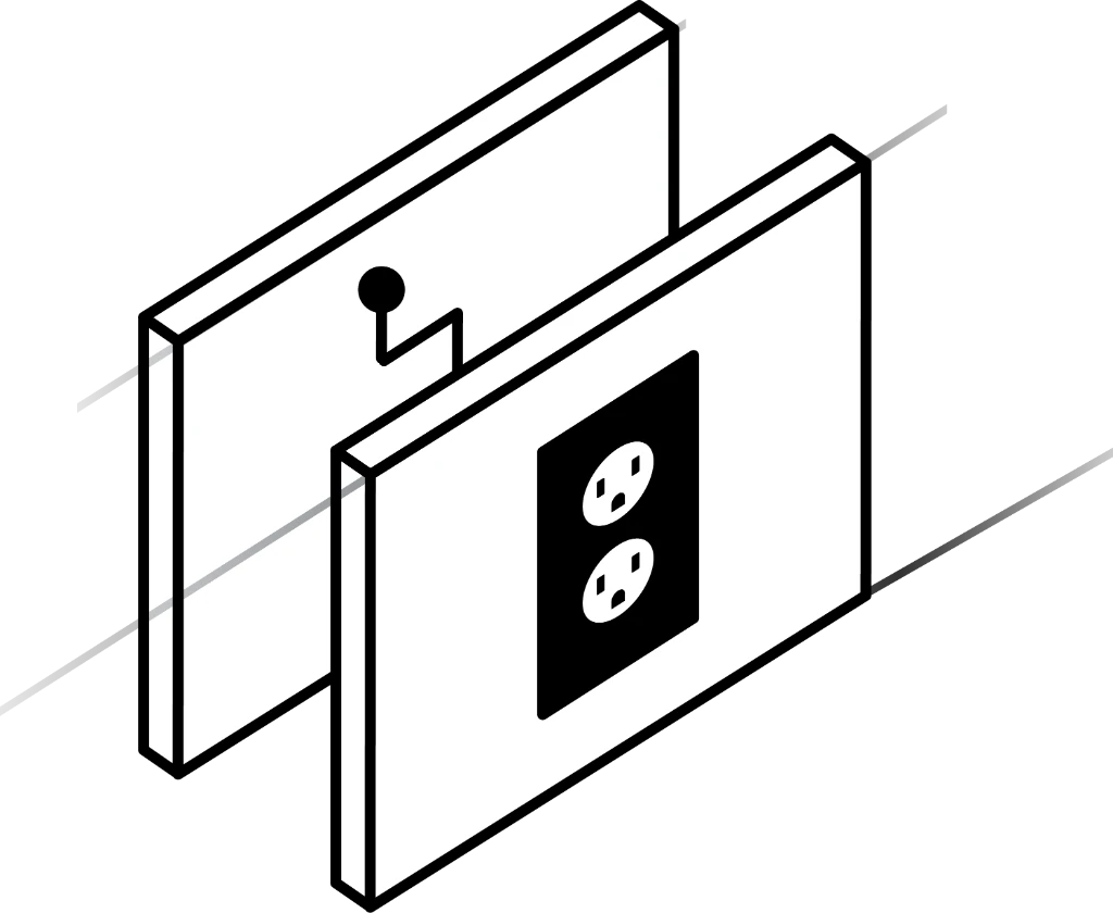 Line drawing of two wall panels joined by house wiring, one with a duplex outlet