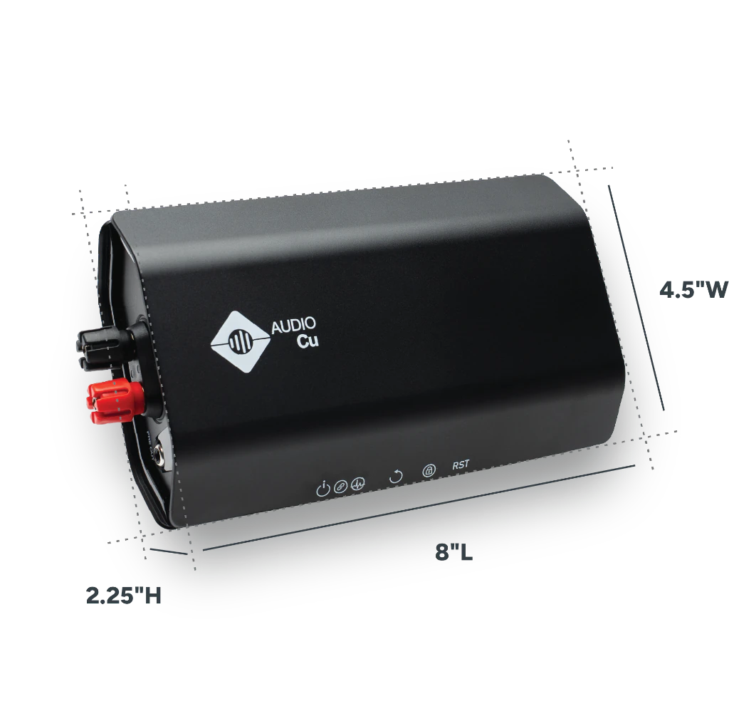 AUDIO Cu Receiver RX, 8 inches long, 4.5 inches wide, and 2.25 inches high