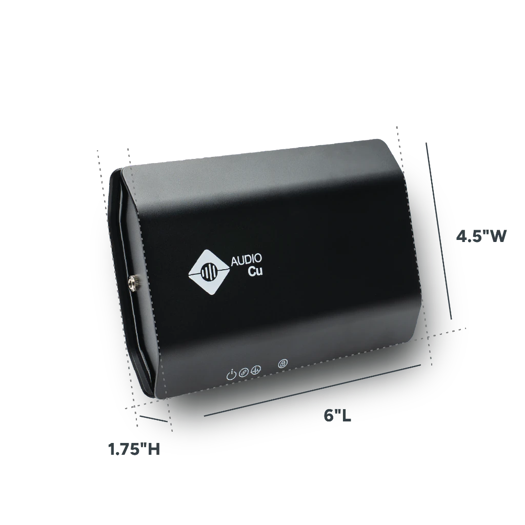 AUDIO Cu Transmitter TX, 6 inches long, 4.5 inches wide, and 1.75 inches high