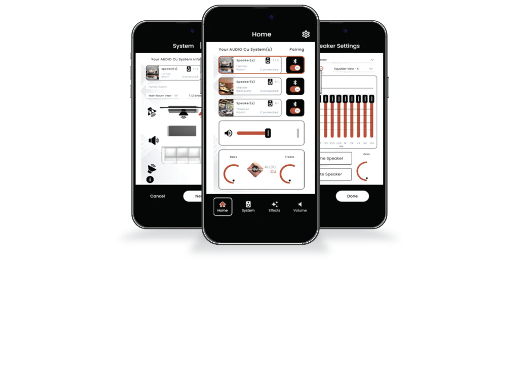 AUDIO Cu app on three phones showing system setup, home controls, and speaker settings