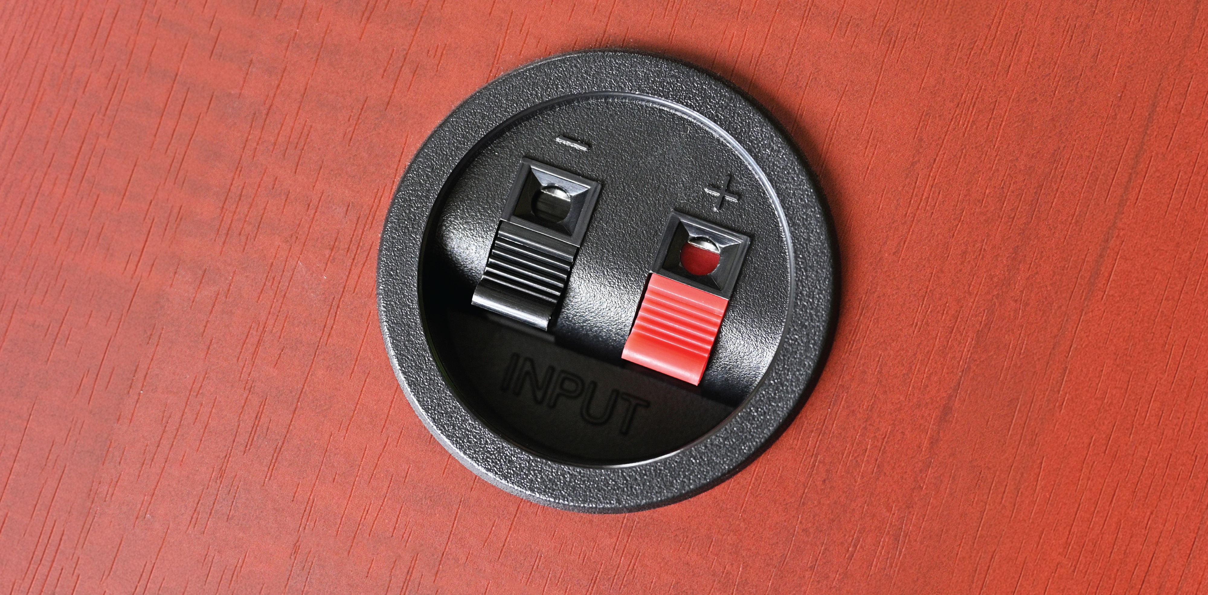 Speaker spring terminals marked positive and negative on a wood cabinet